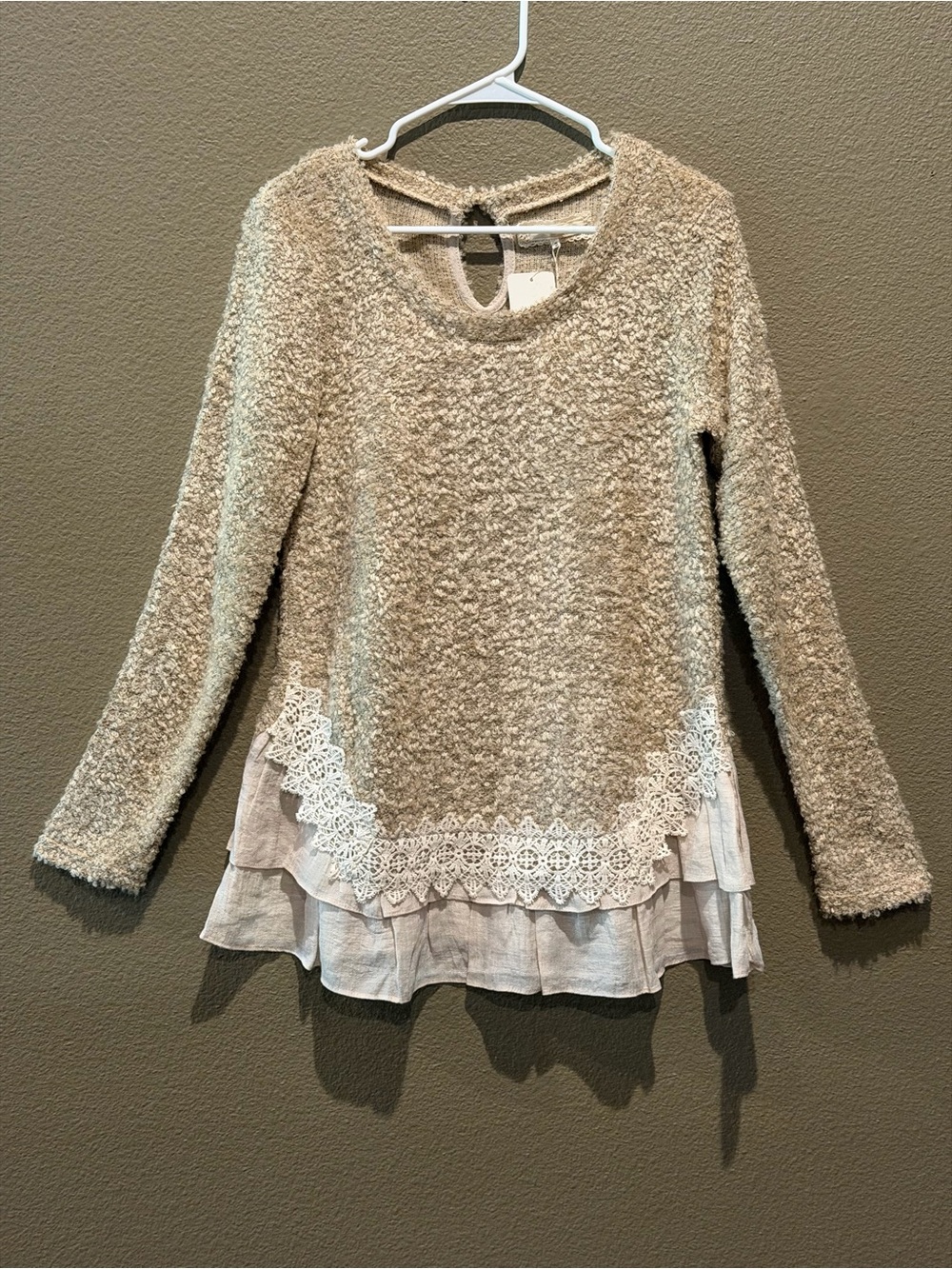 A'Reve Cream Textured Lace-Hem Layered Tunic